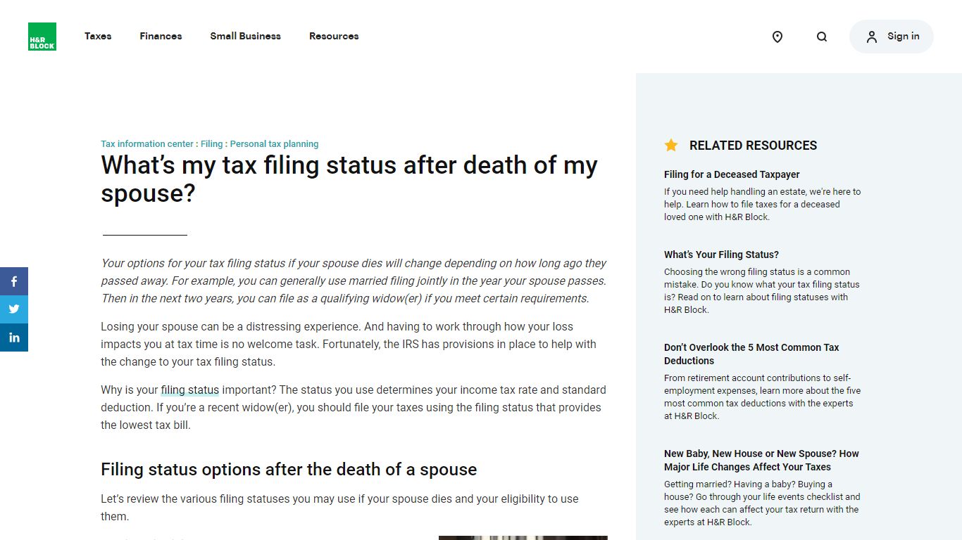 What Is My Filing Status If My Spouse Dies - H&R Block